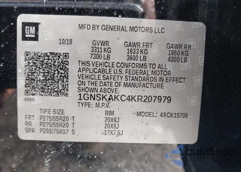 2019 Chevrolet Tahoe Ls из США, поврежденный, VIN 1GNSKAKC4KR207979